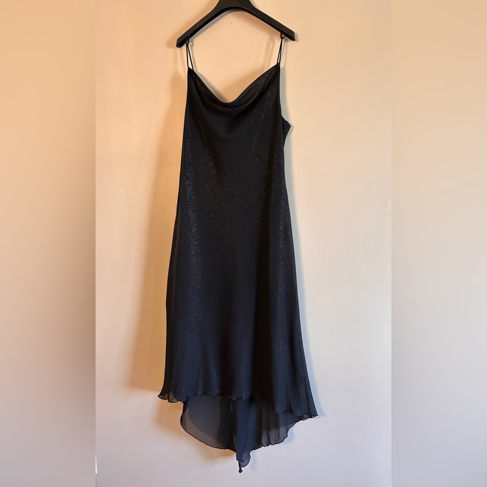 Vtg Amoretti Shimmer Slip Dress Black / Silver Sparkles Hi-Low, party dress